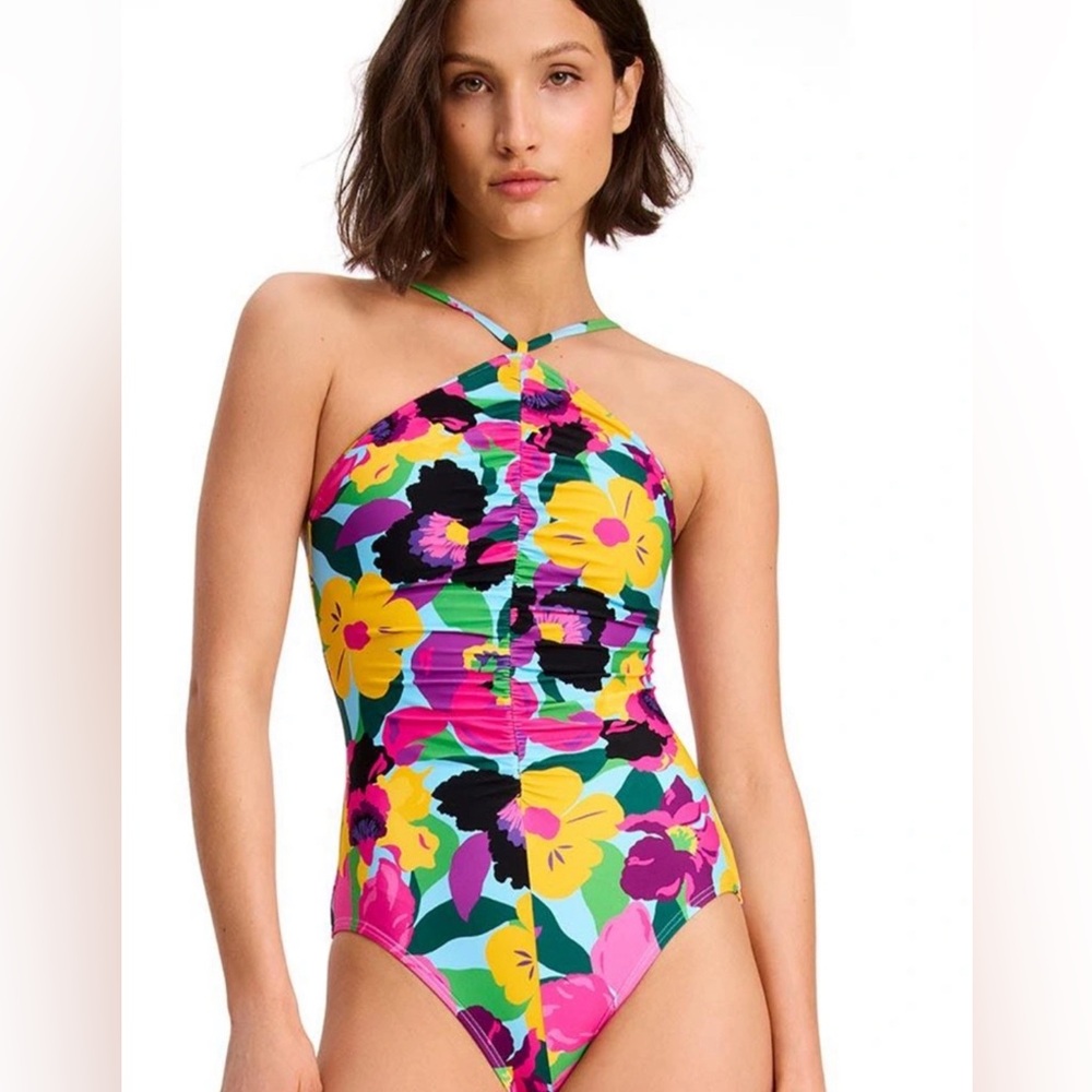 Kate Spade New York High Neck Shirred One Piece Swimsuit Orchid Bloom NWT